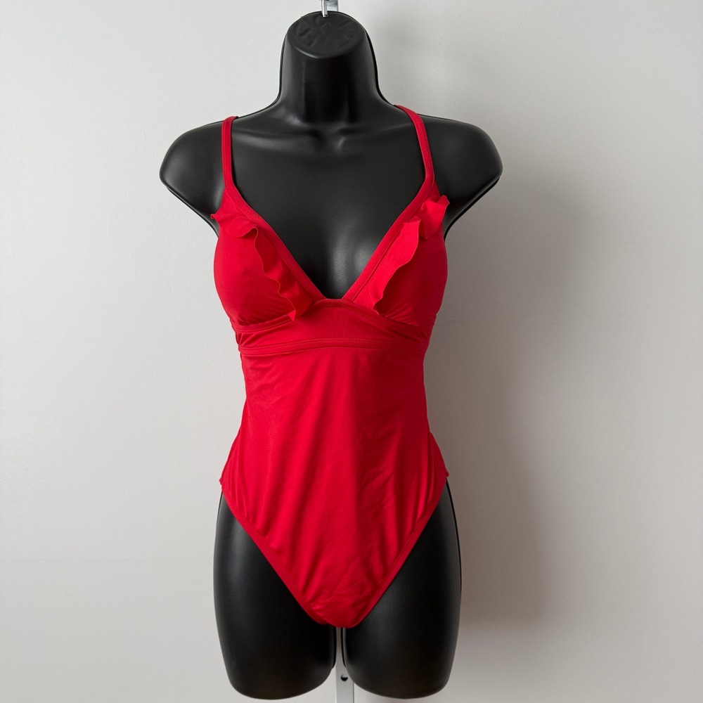 Shade & Shore S Red One Piece Swimsuit Ruffle Strappy Swimwear Beachy Coastal